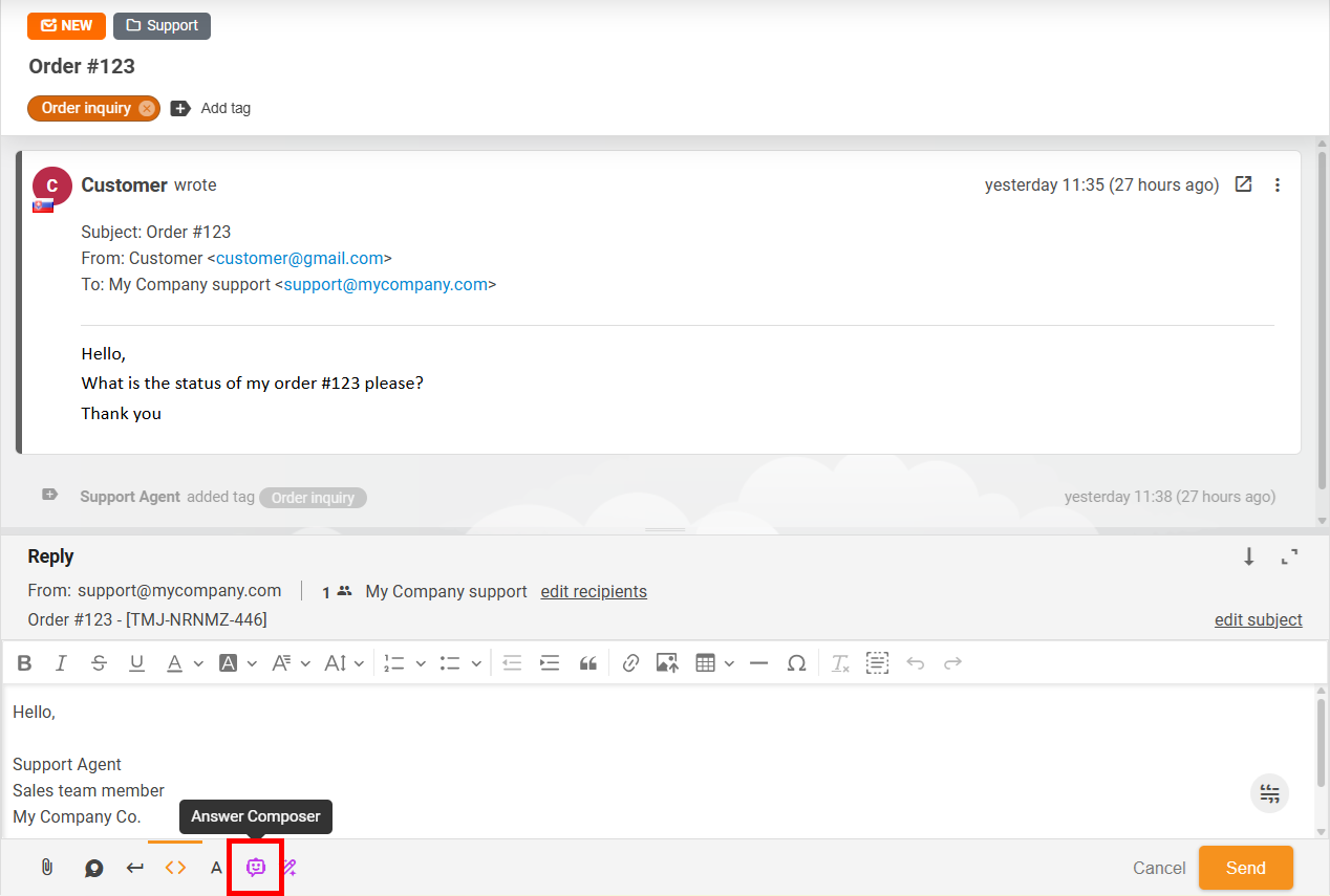 Agente IA che redige una risposta a un ticket