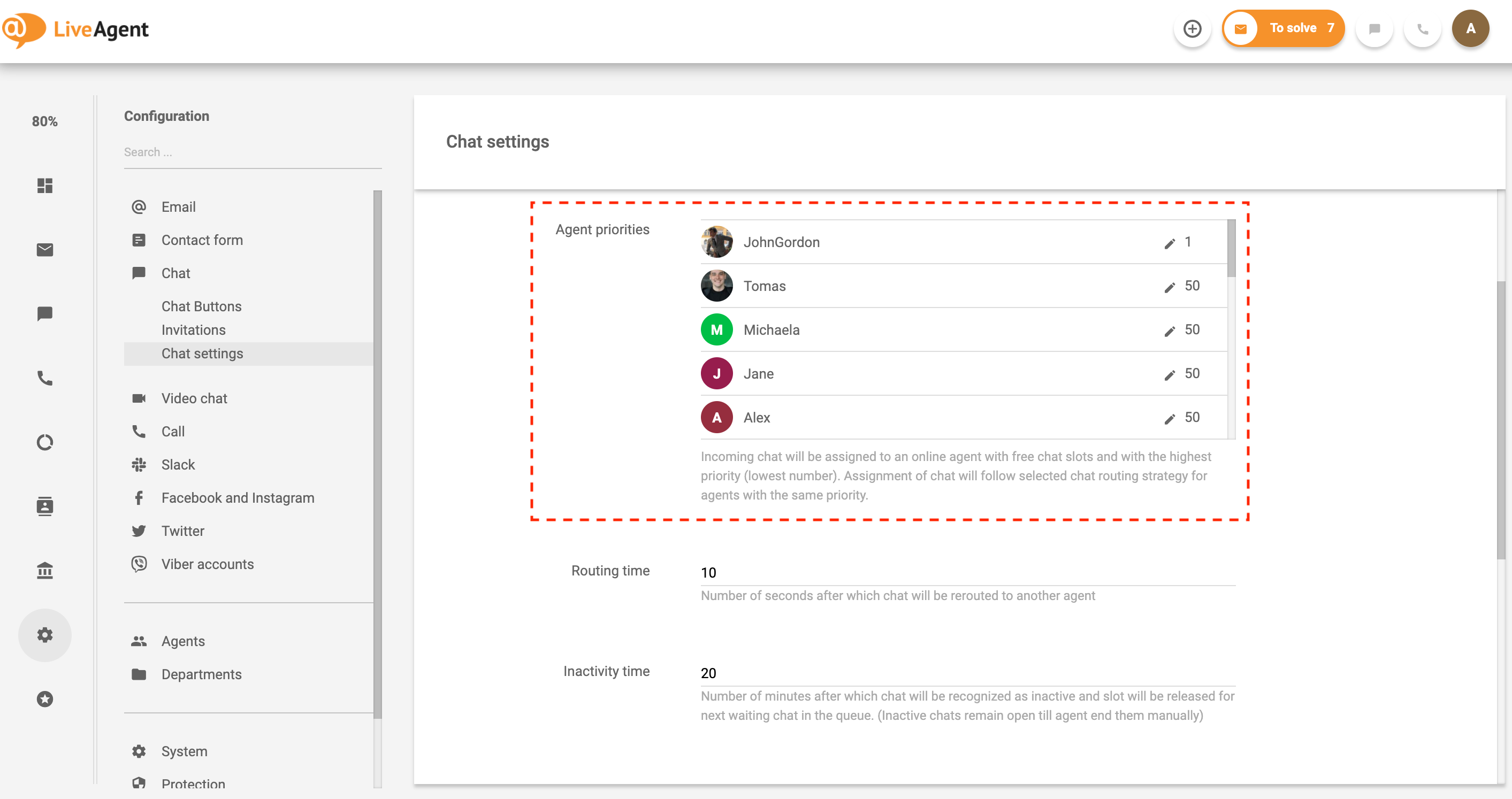Priorità degli agenti di distribuzione automatica della chat