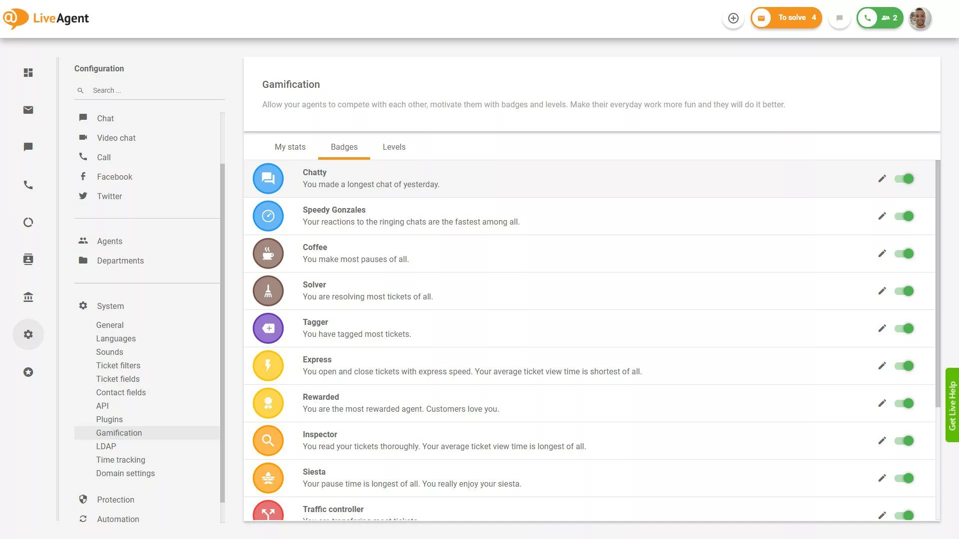 Elenco dei badge disponibili in LiveAgent