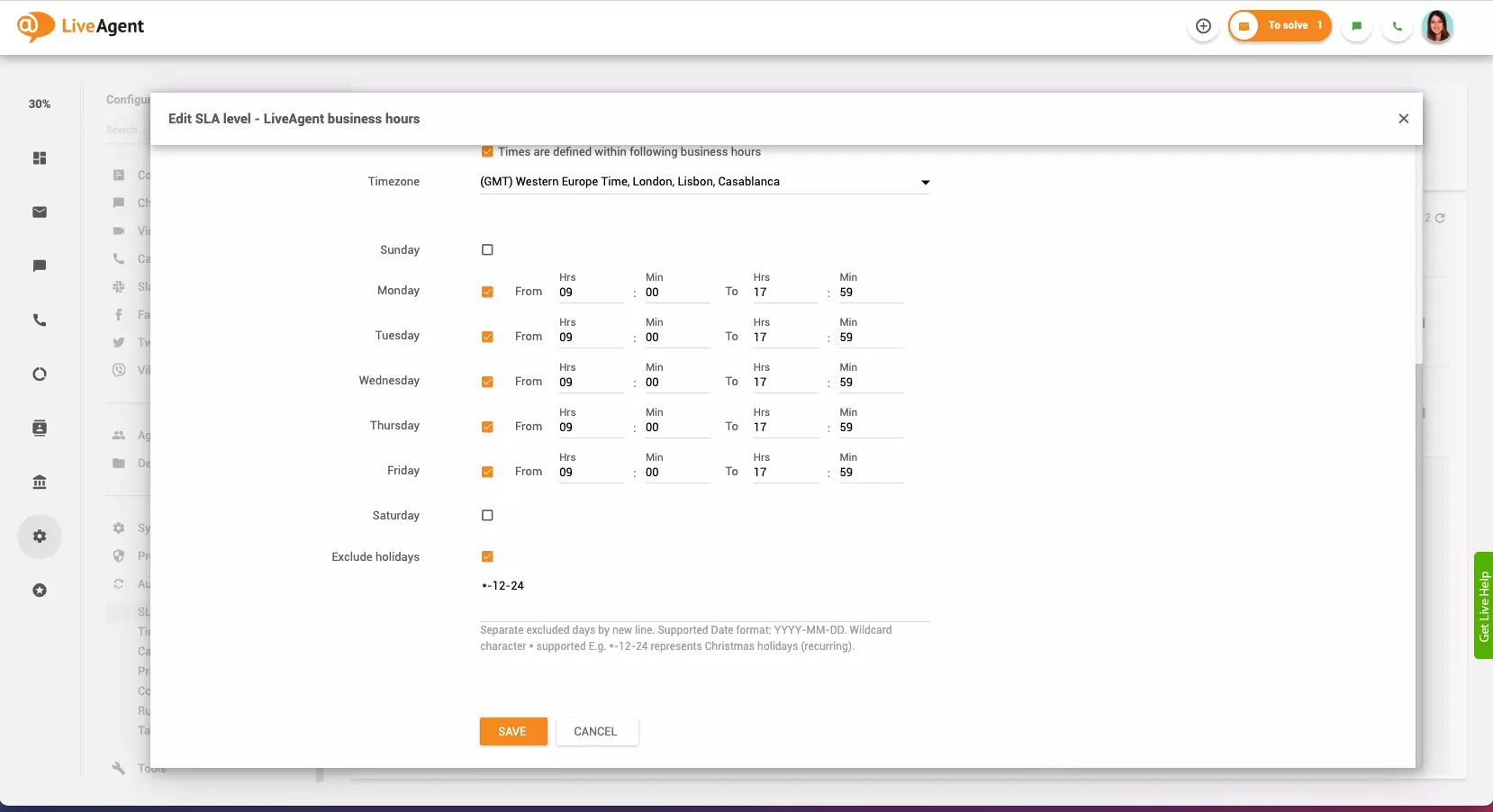 Business hours holidays