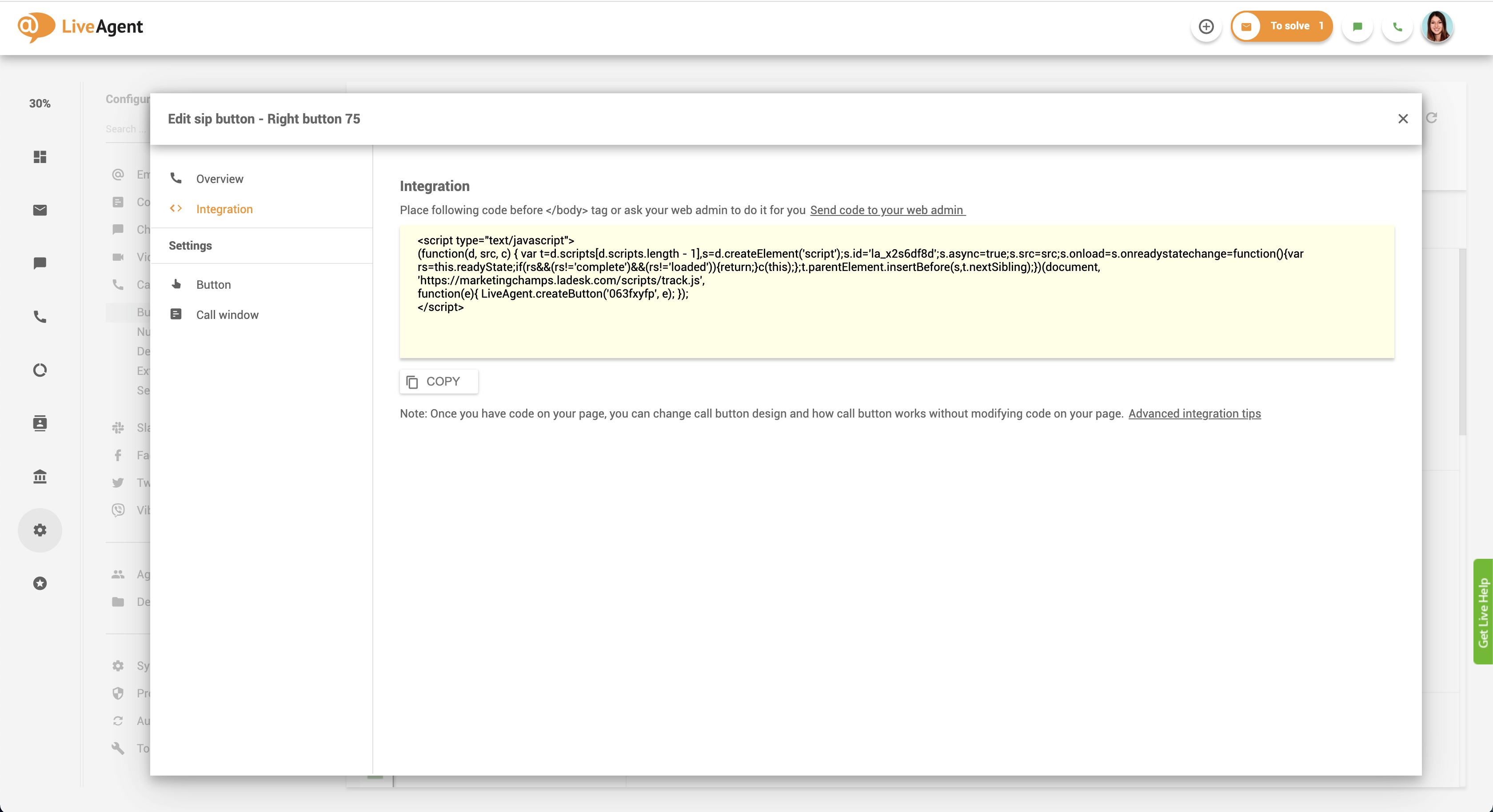 Codice di integrazione pulsante di chiamata