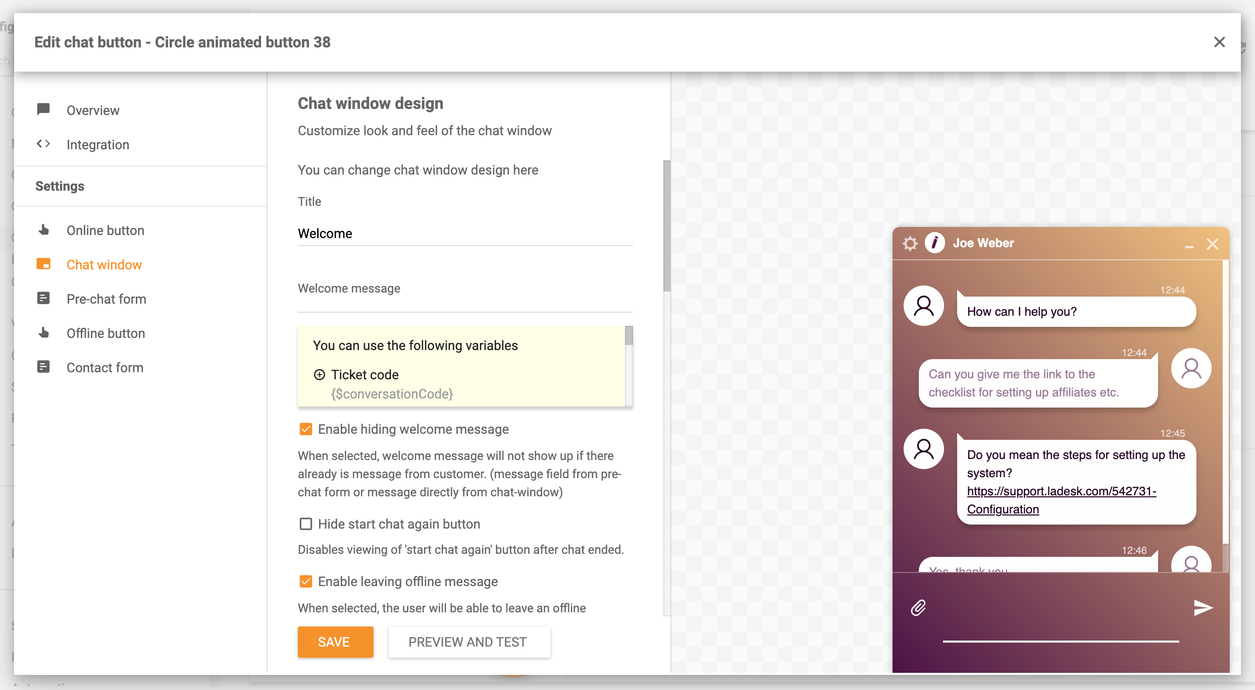 Opzioni di design della finestra di chat