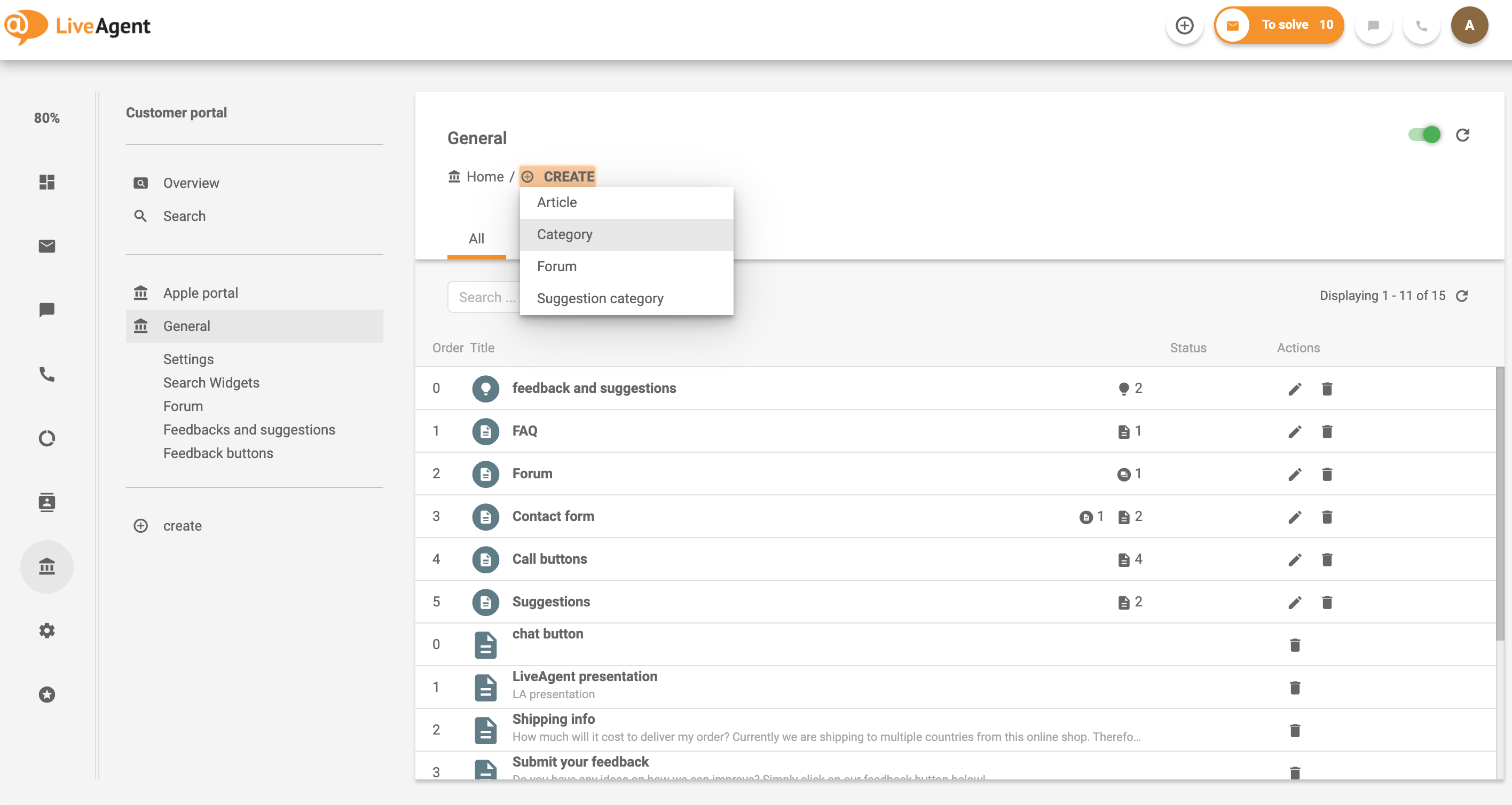 Esempio di creazione di una categoria per il portale clienti nel sistema di knowledge base di LiveAgent