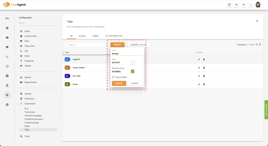 Funzione di creazione tag di LiveAgent