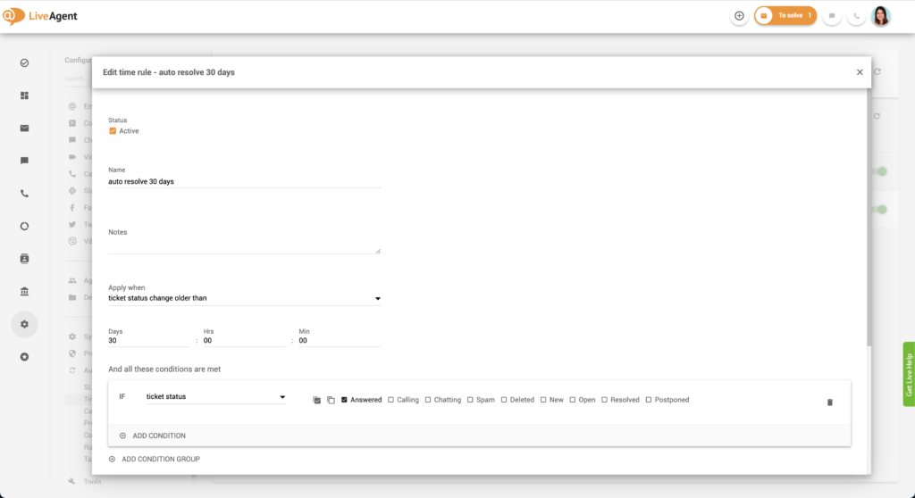 Modifica regola temporale in LiveAgent