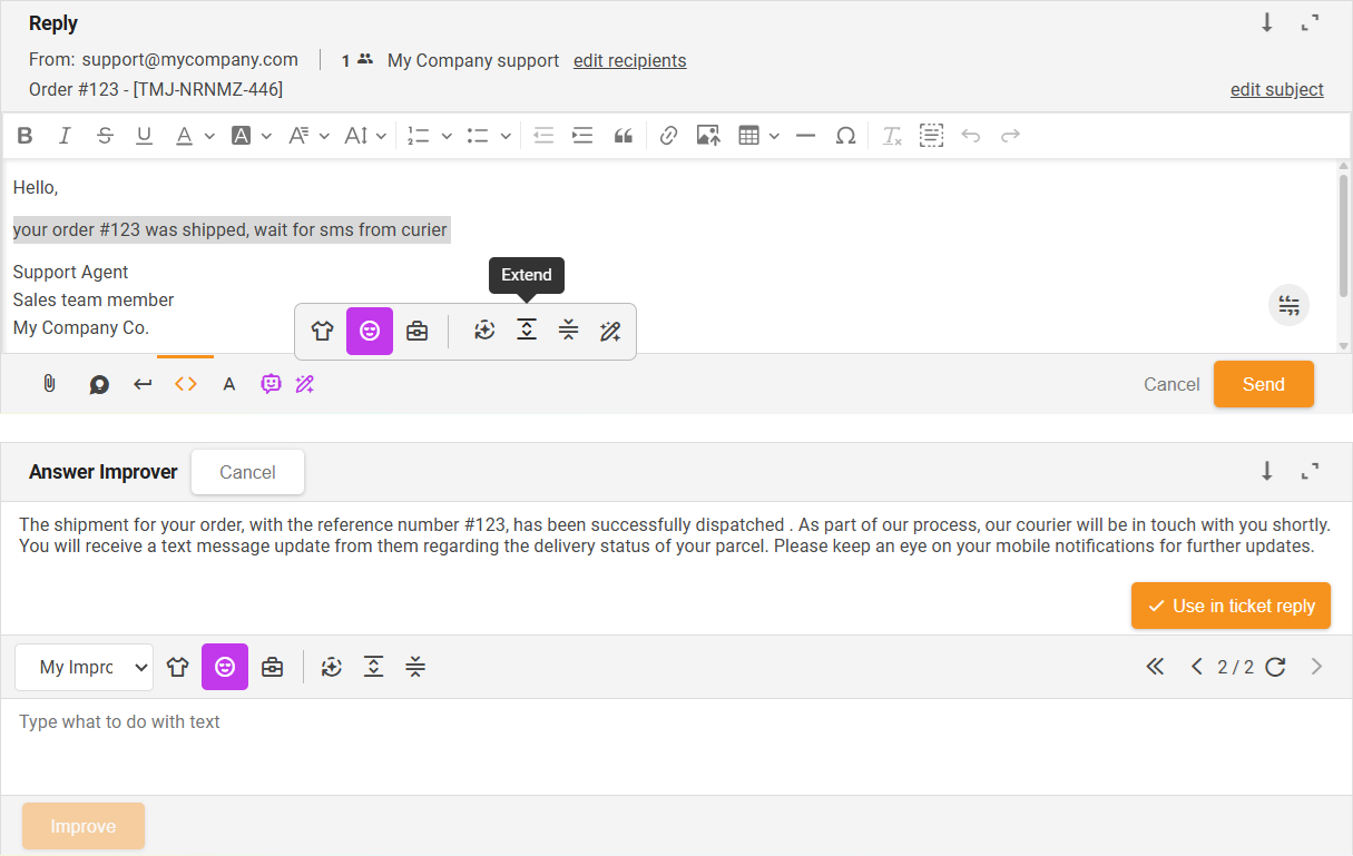 Funzione Estendi Miglioratore di Risposte AI - panoramica dell'interfaccia