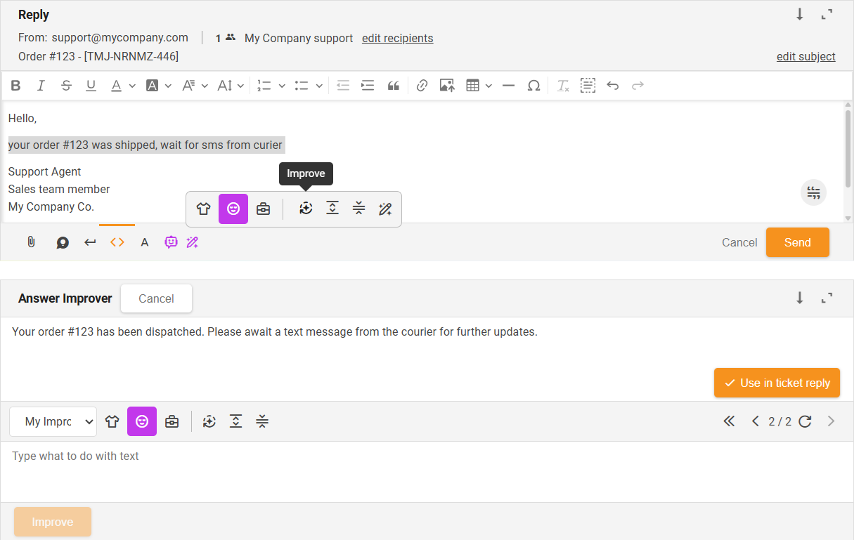 Funzione Migliora Miglioratore di Risposte AI - panoramica dell'interfaccia