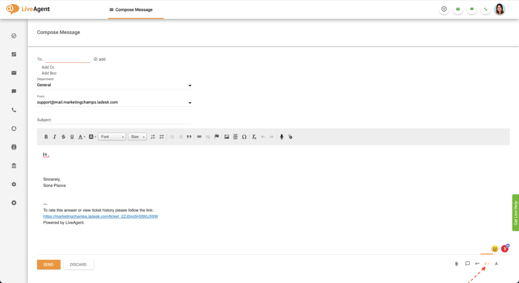 Pulsante editor HTML in LiveAgent