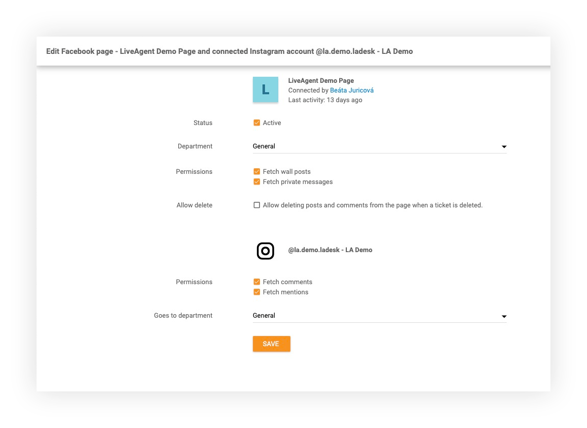 Funzione Instagram in LiveAgent