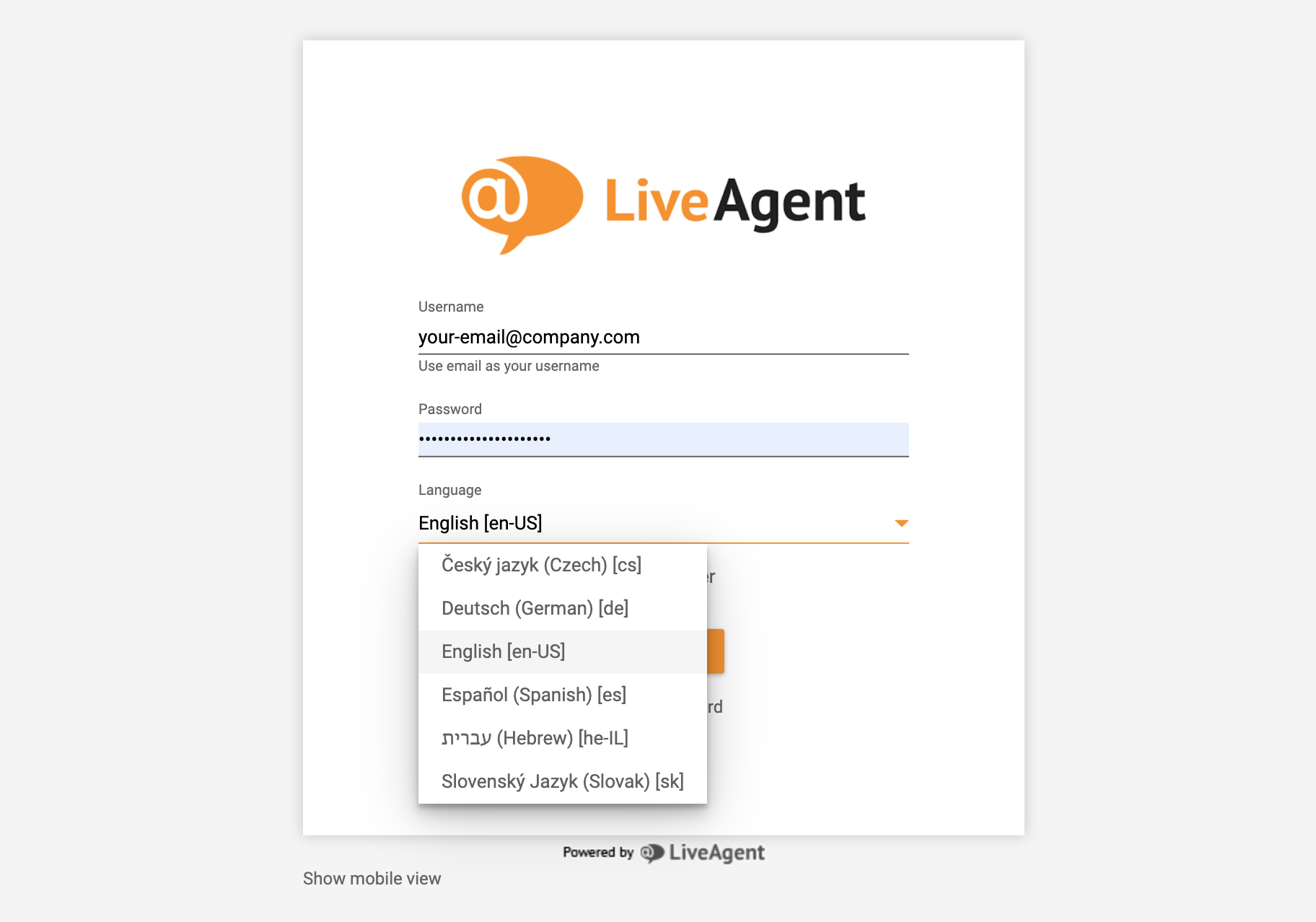 LiveAgent accesso - scelta della lingua
