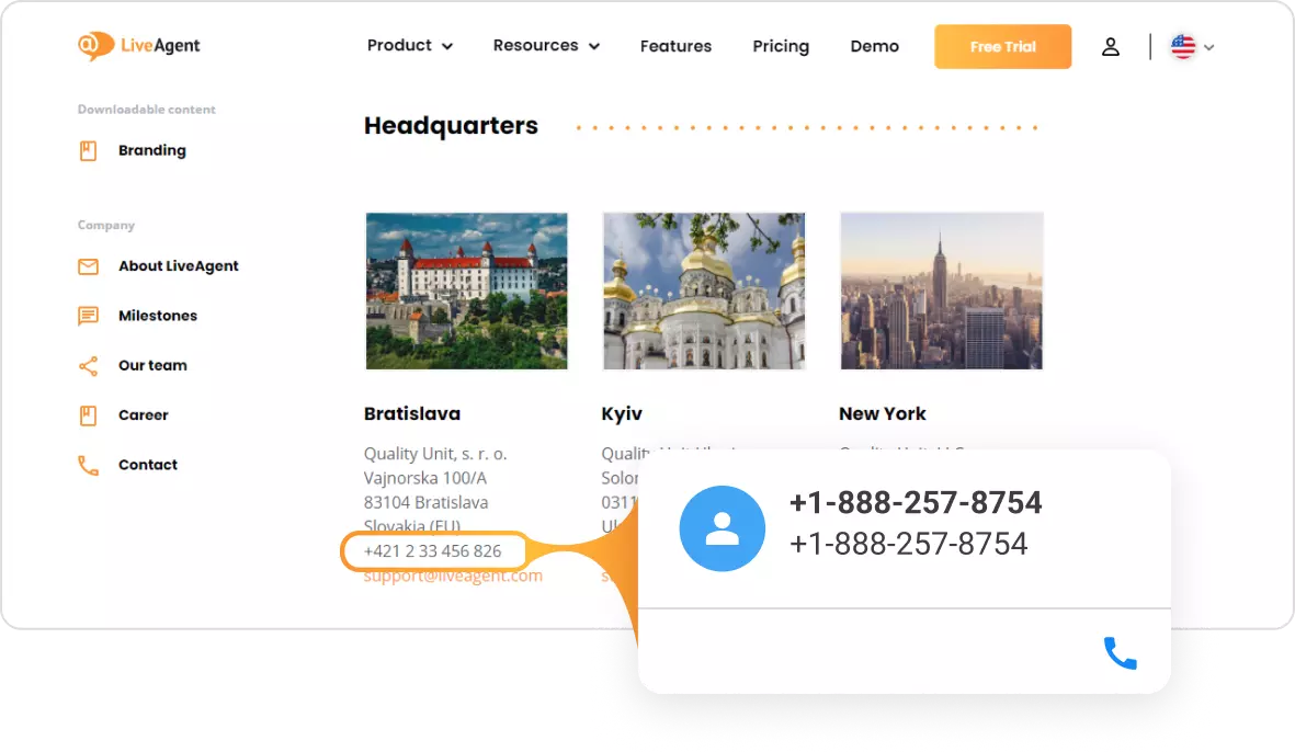 Scheda di contatto Click to call di LiveAgent