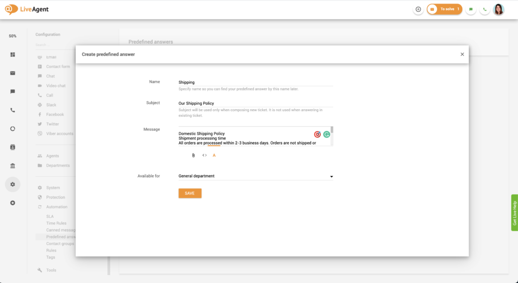 Impostazione risposte predefinite in LiveAgent