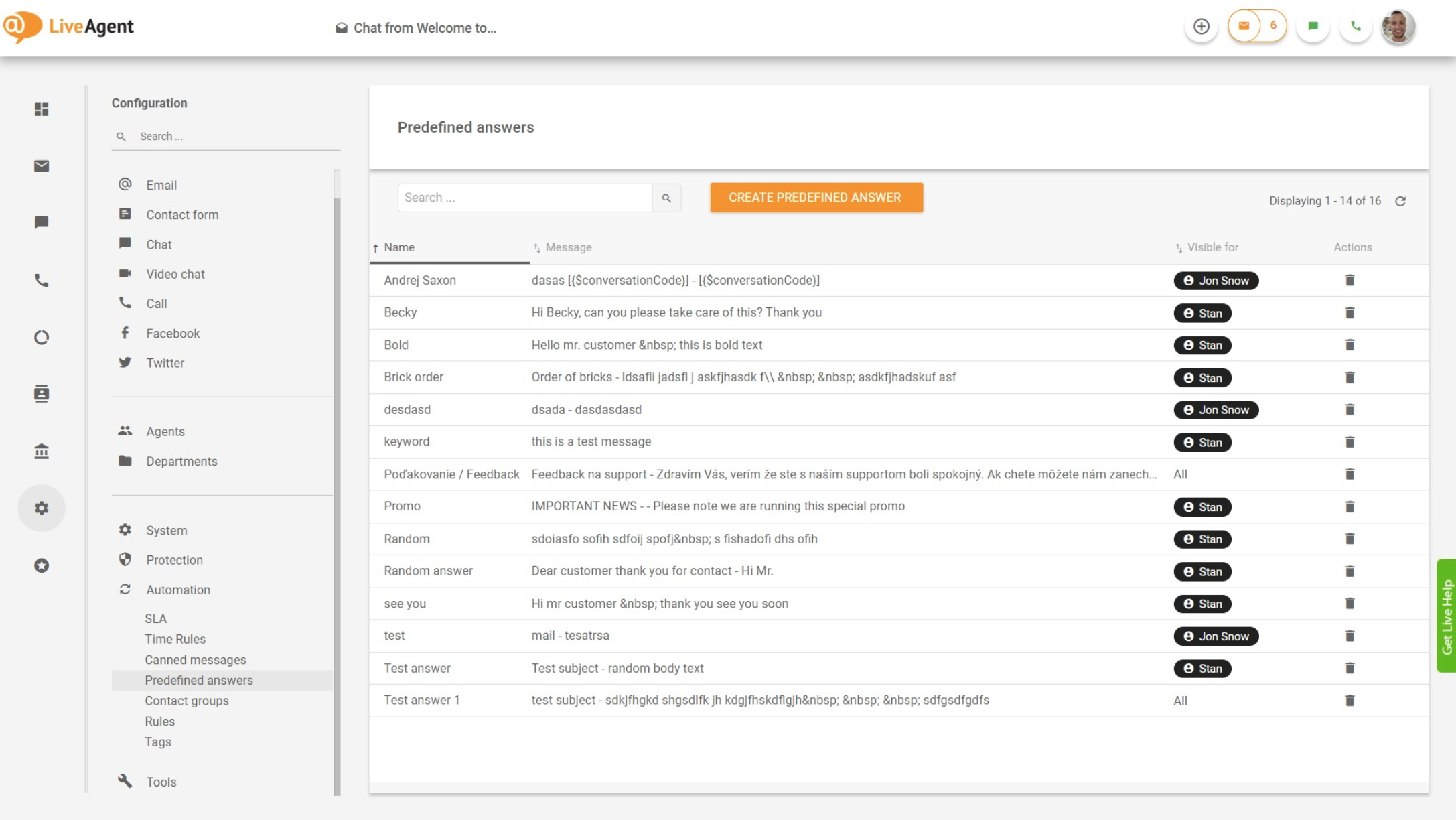 LiveAgent – Panoramica risposte predefinite