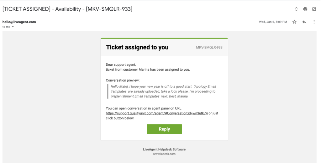Notifica email di responsabilità