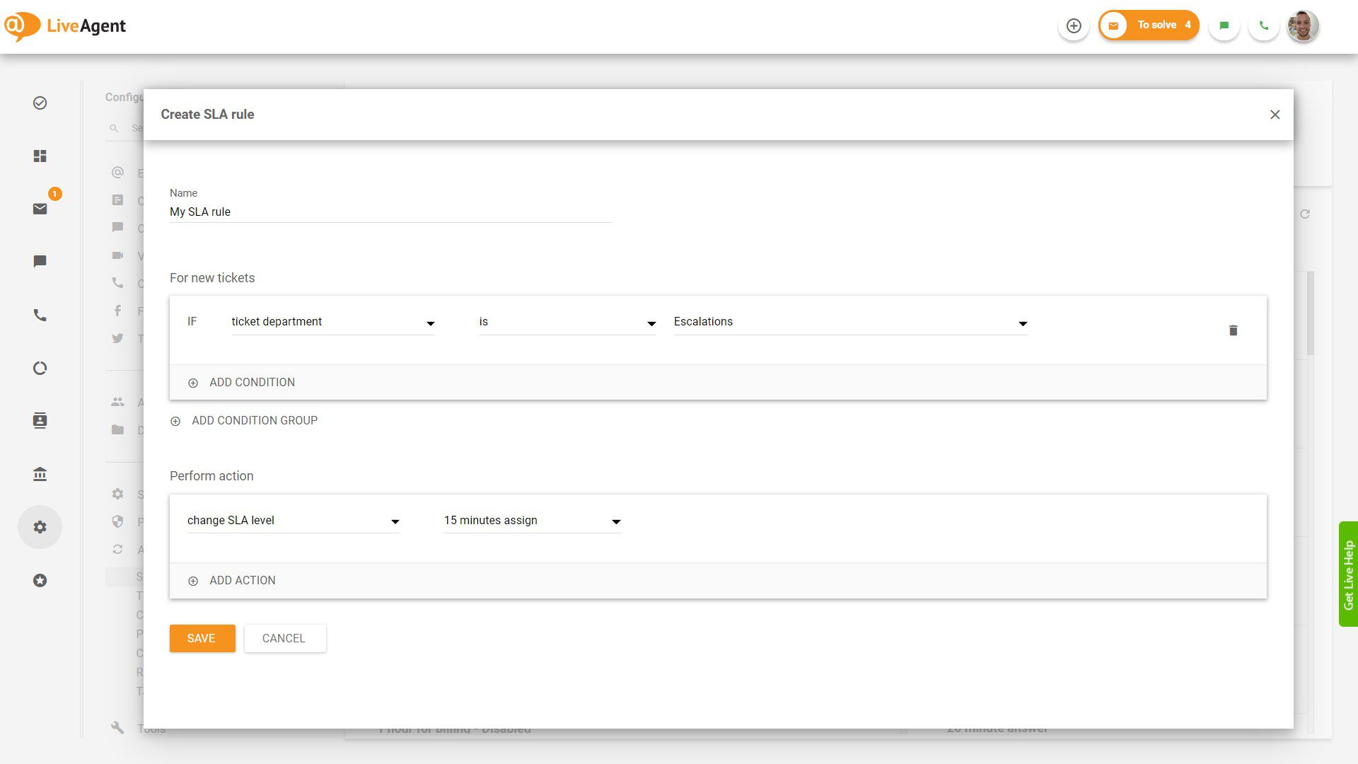 Creazione della regola SLA in LiveAgent