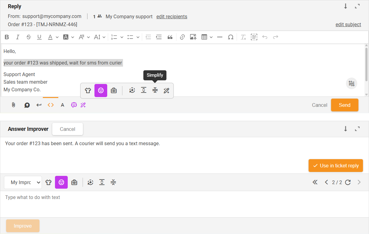 Funzione Semplifica Miglioratore di Risposte AI - panoramica dell'interfaccia