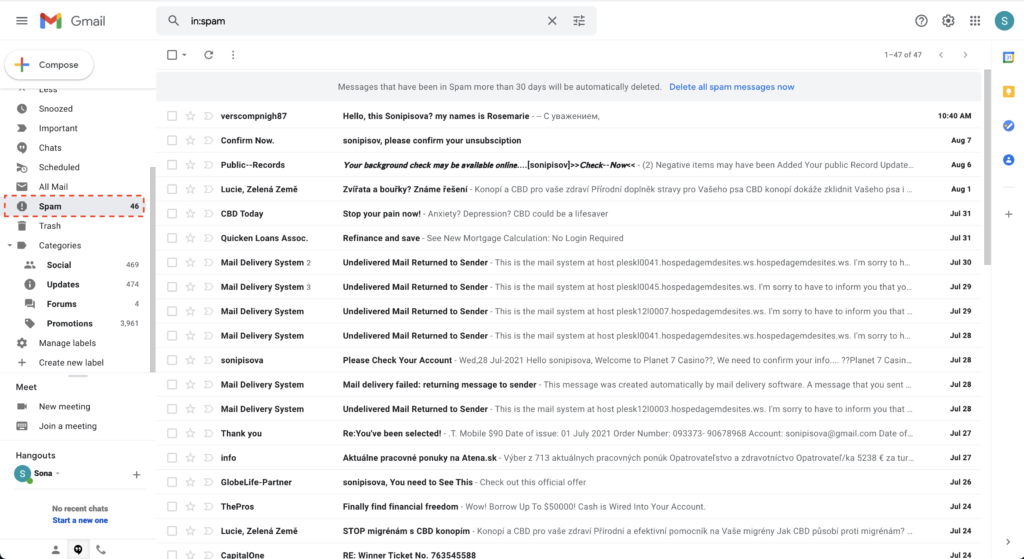 Cartella spam in Gmail