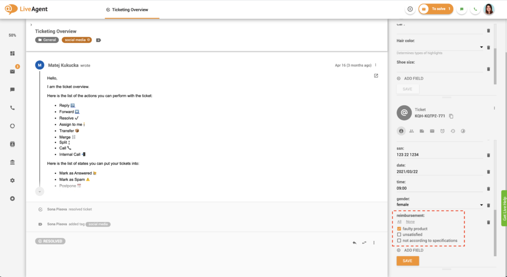 Esempio di gruppo di caselle di controllo campi ticket