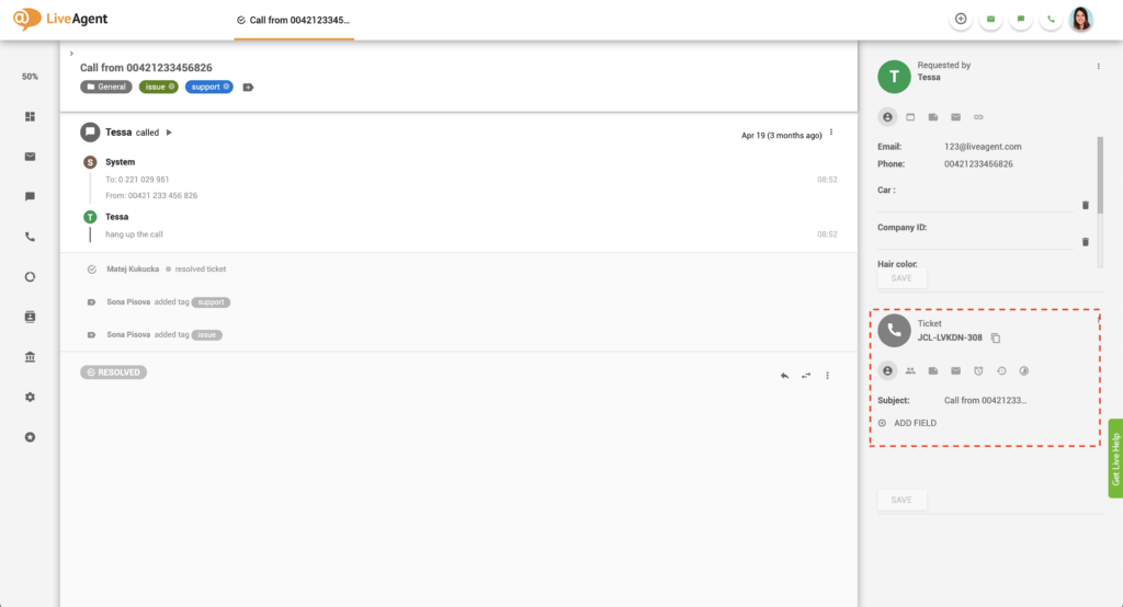 Pannello delle informazioni del ticket in LiveAgent