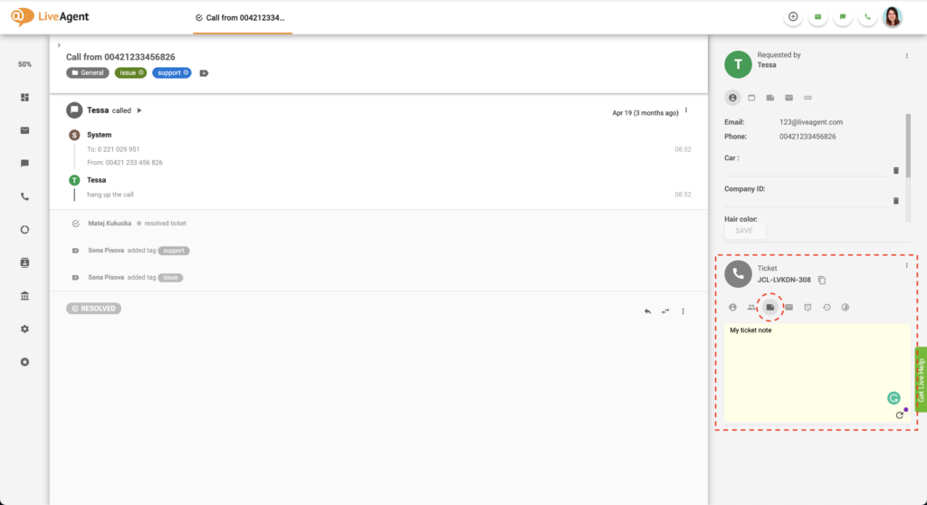 Campo nota dell'help desk del ticket