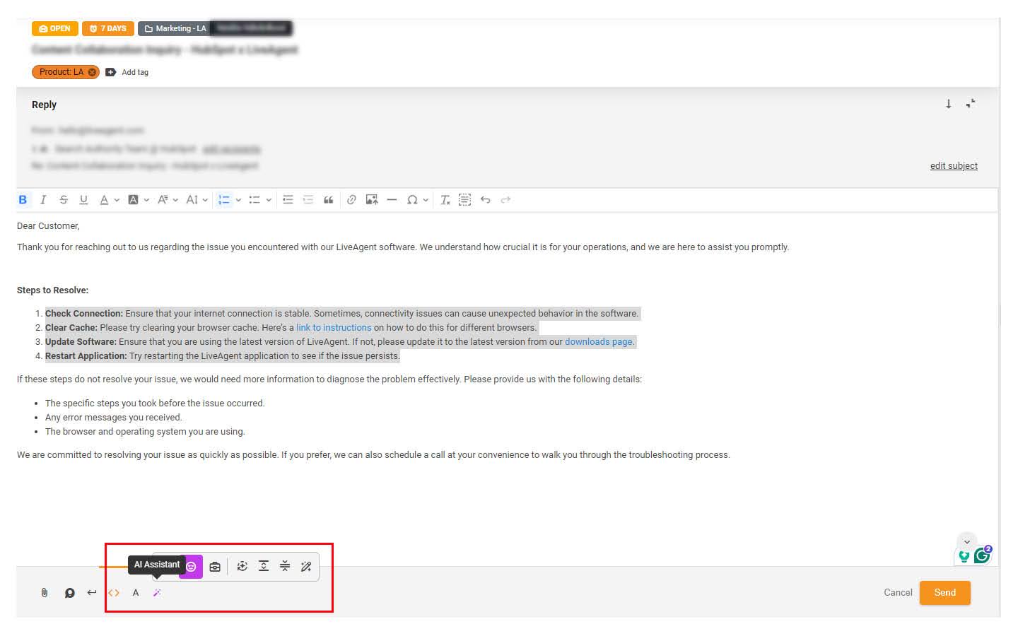 Immagine che mostra il ticket di supporto e la funzione Assistente AI evidenziata