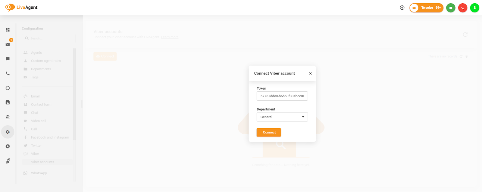 Inserimento del token nella finestra Connetti account Viber