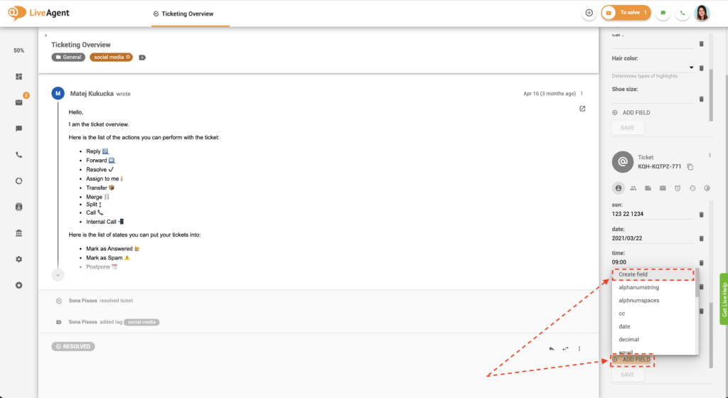 Aggiunta di un nuovo campo ticket nella visualizzazione ticket