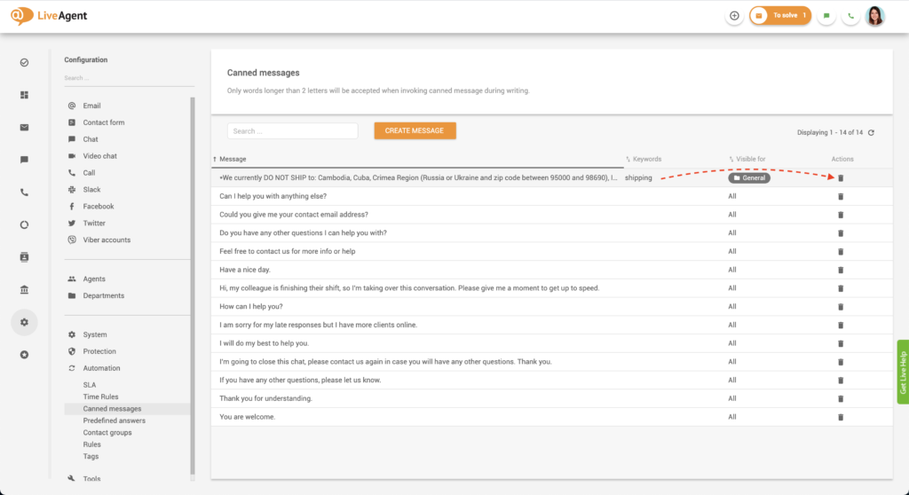 Eliminazione di un messaggio predefinito