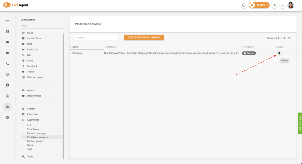 Eliminare risposta predefinita in LiveAgent