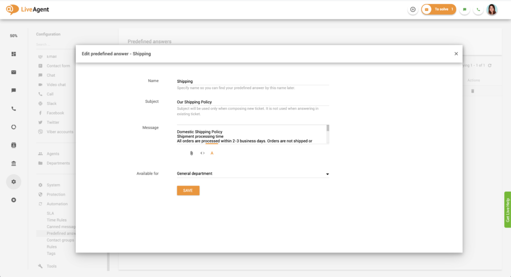 Modificare risposte predefinite in LiveAgent