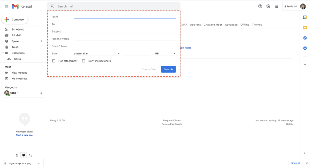 Esempio di filtro antispam di Gmail 2