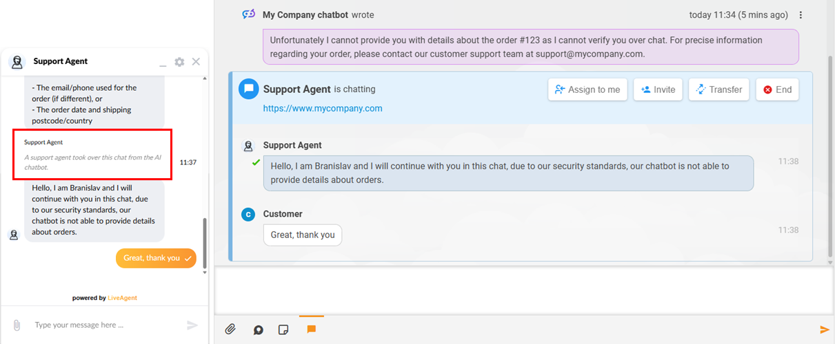 Anteprima AI Human handover di LiveAgent