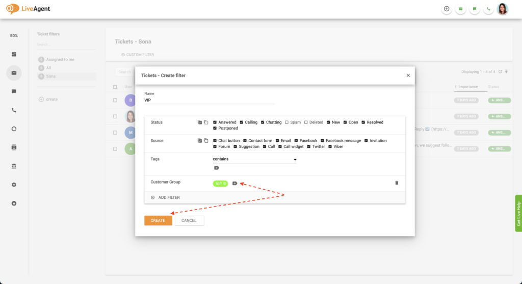 Aggiungi filtro ticket VIP di LiveAgent