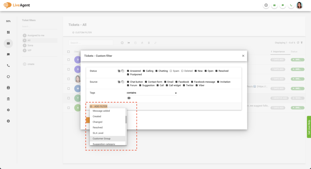 Aggiungi filtro cliente di LiveAgent