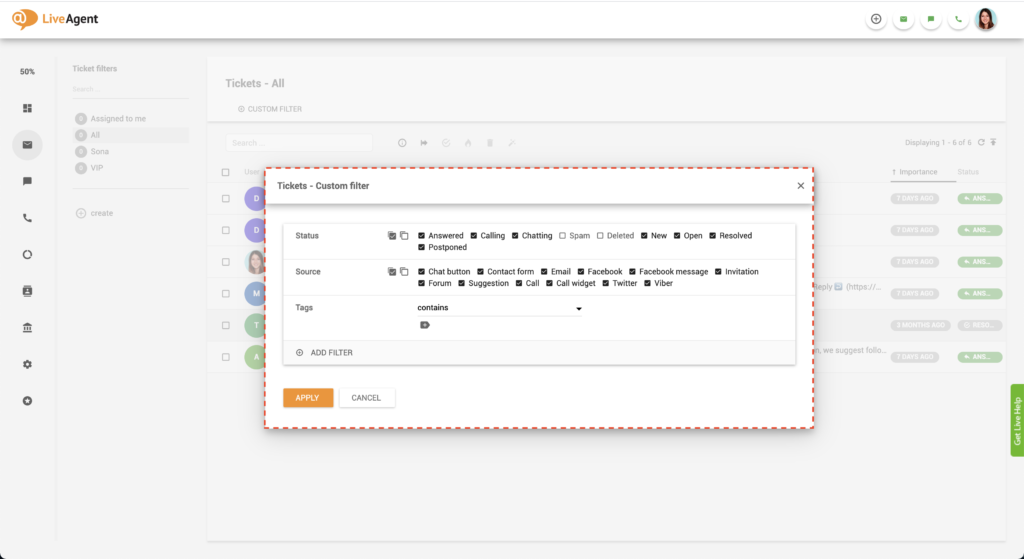 Scelta del filtro di LiveAgent