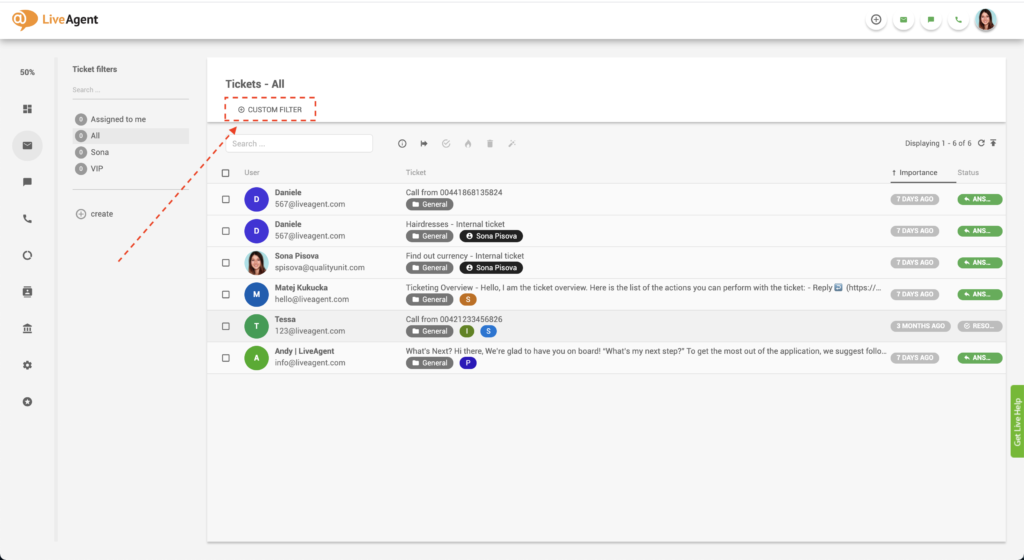 Filtro personalizzato di LiveAgent