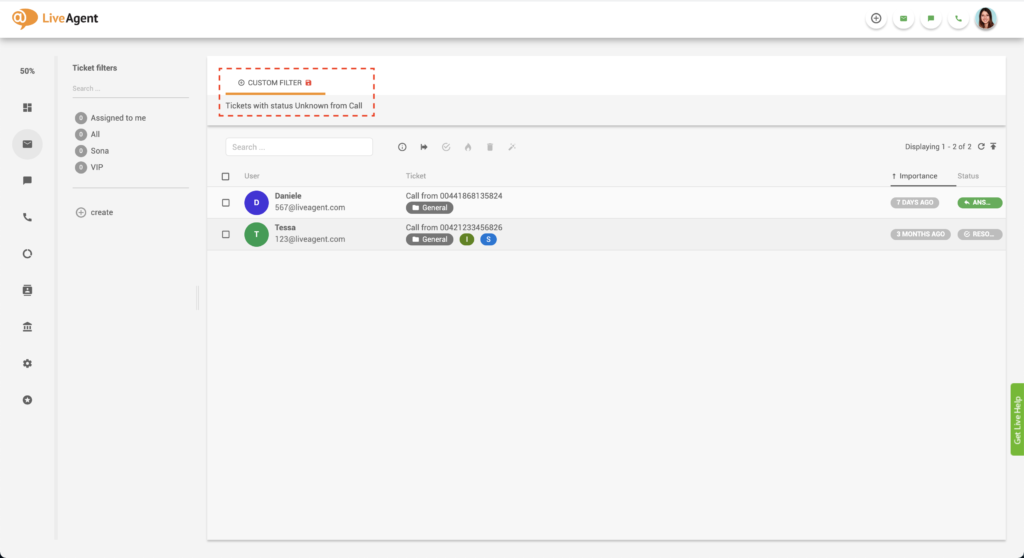 Ticket filtrati di LiveAgent