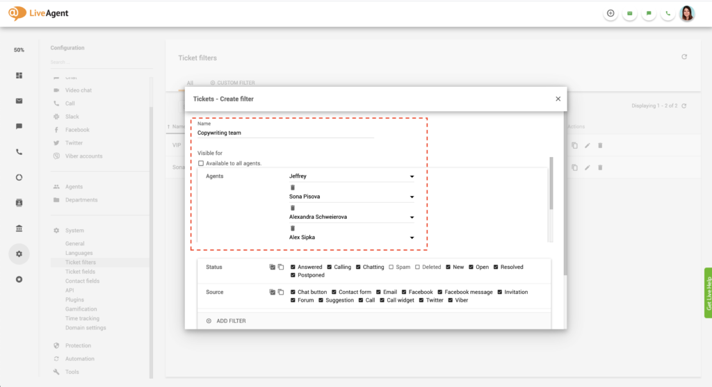 Filtro globale di LiveAgent