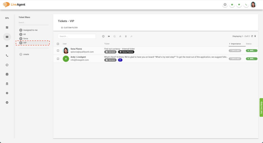 Filtro ticket VIP di LiveAgent