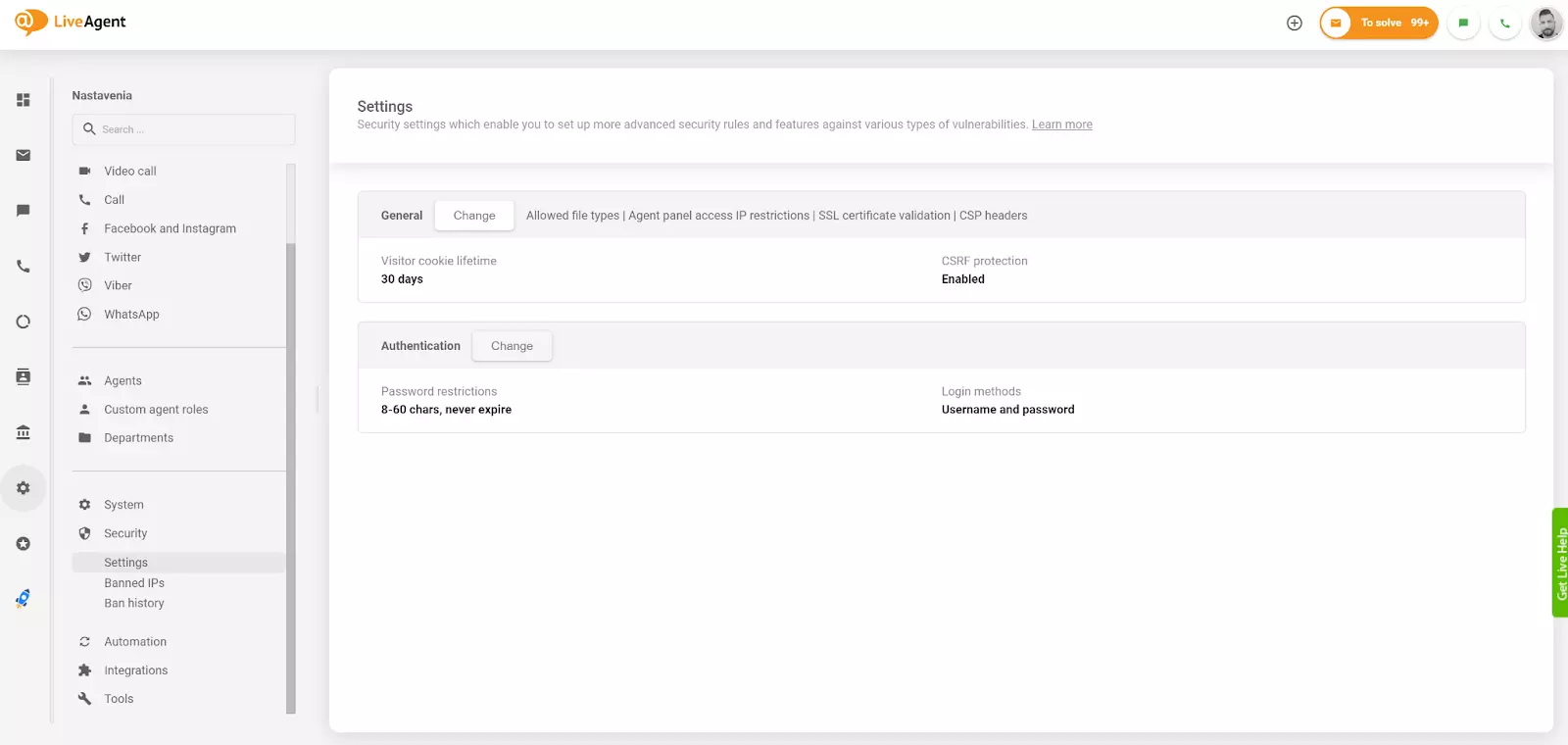 Modifica impostazione autenticazione in LiveAgent