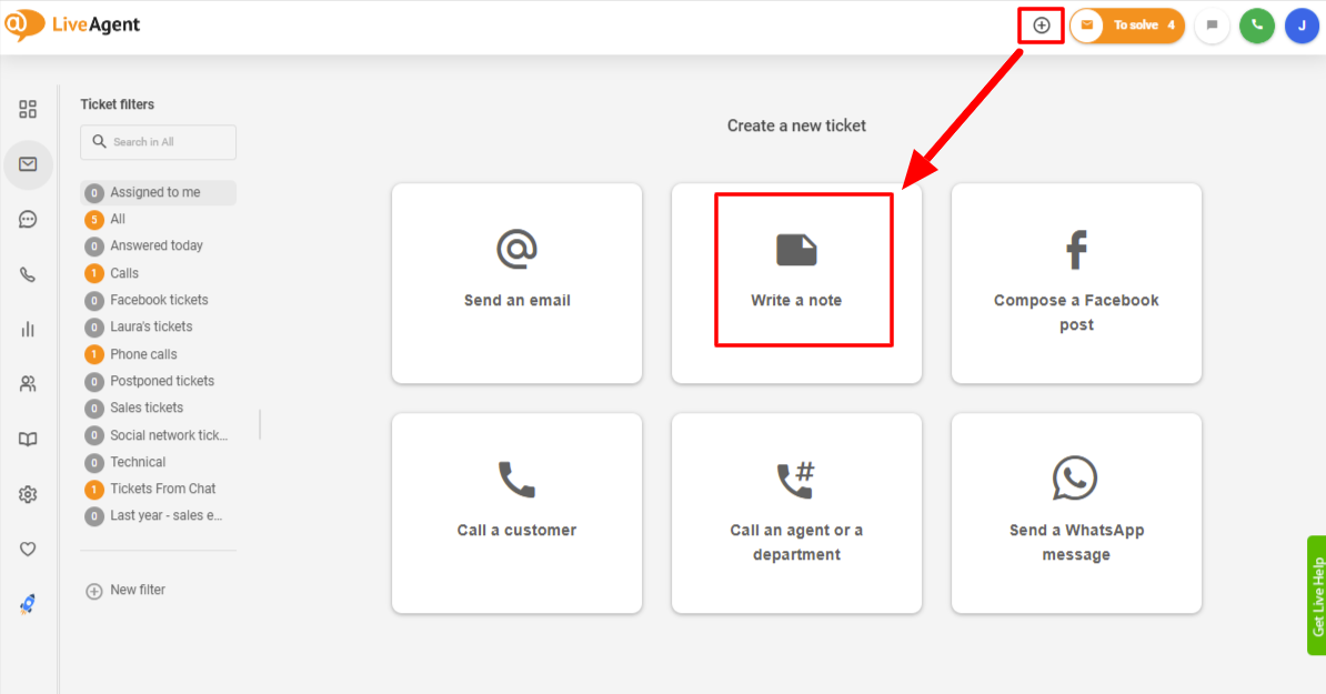 LiveAgent utilizza note interne per creare un ticket