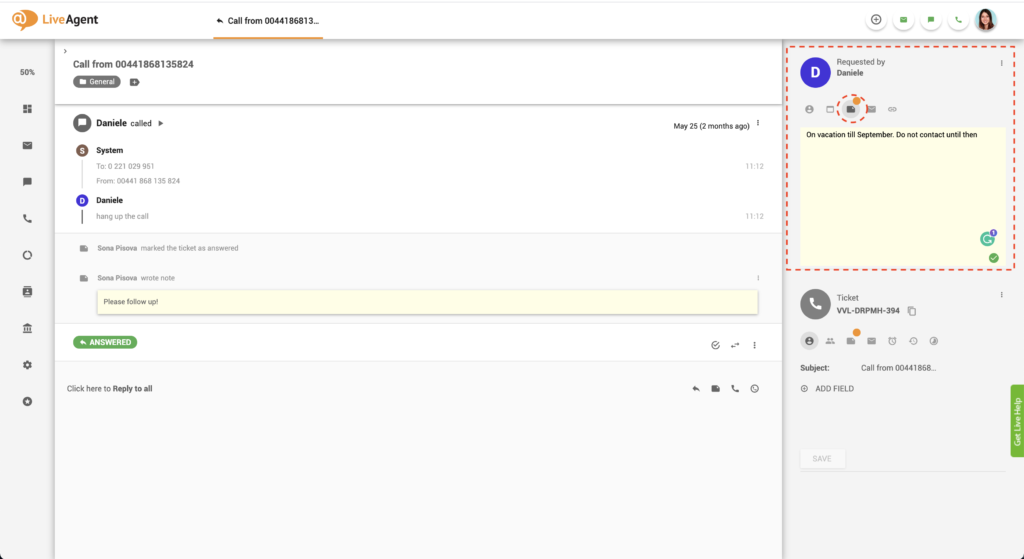Nota del cliente di Liveagent