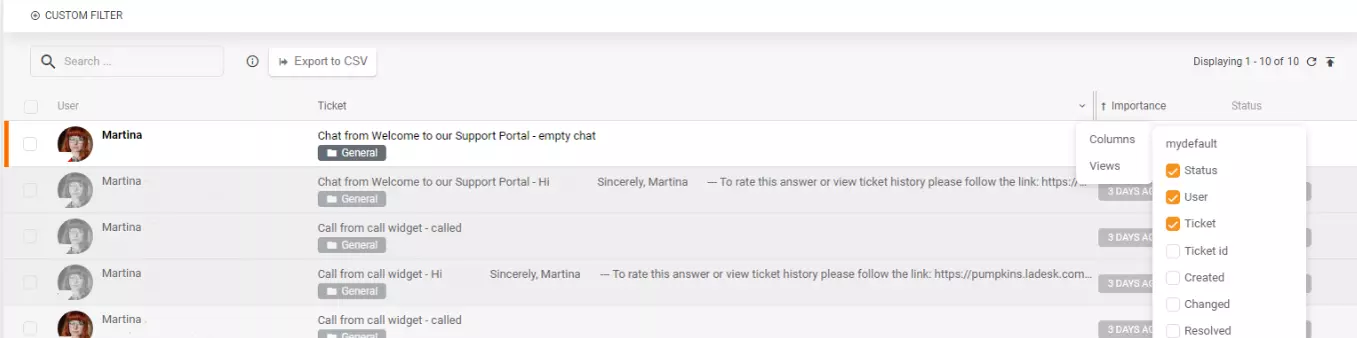 Esportazione CSV di colonne o visualizzazioni specifiche