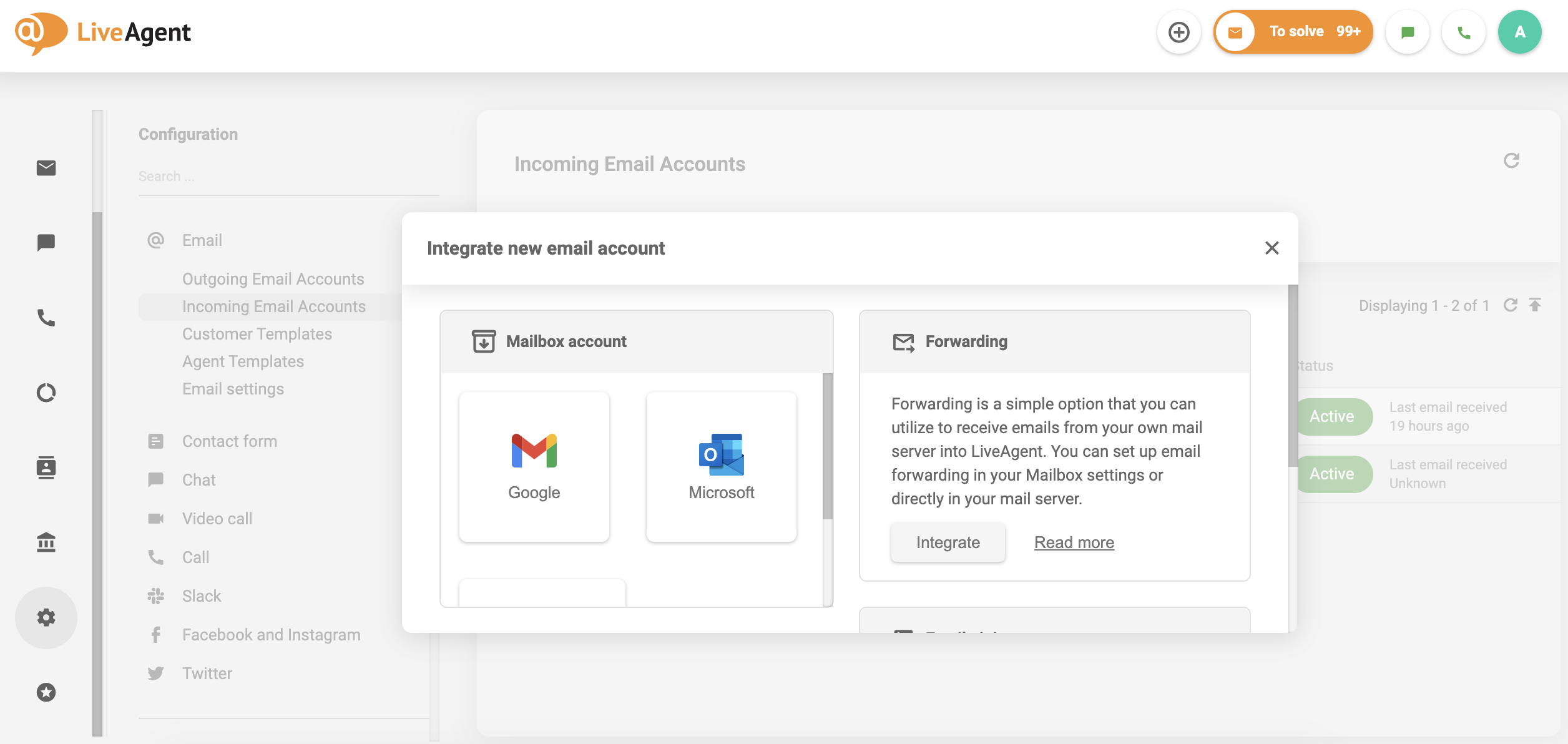 Integra un nuovo account email con inoltro in LiveAgent