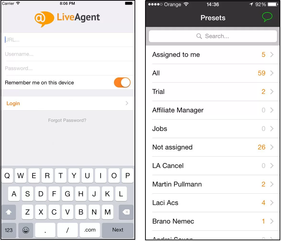 Interfaccia dell'applicazione iOS di LiveAgent