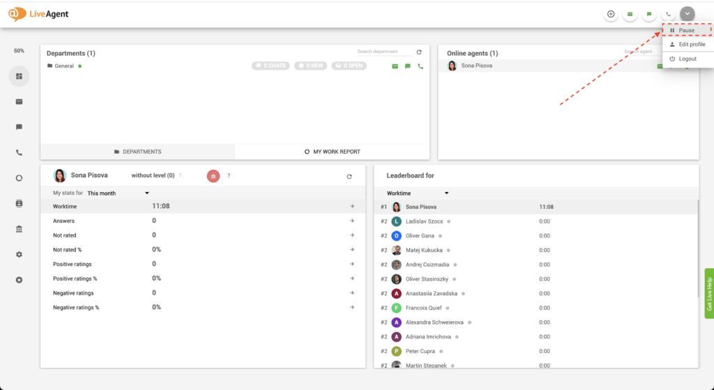 LiveAgent - pulsante pausa