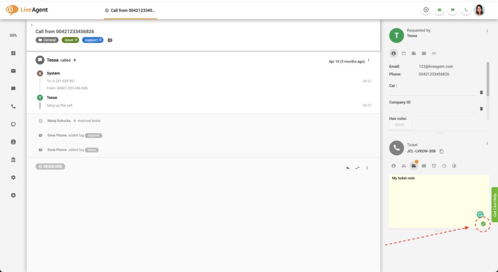 Note del ticket di LiveAgent