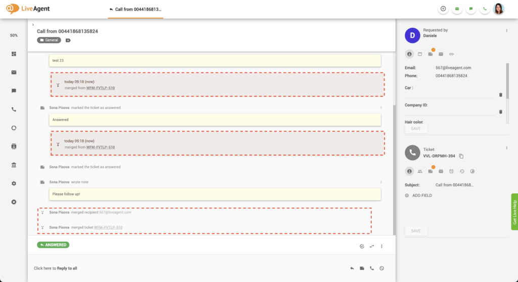 Messaggio di sistema ticket unito