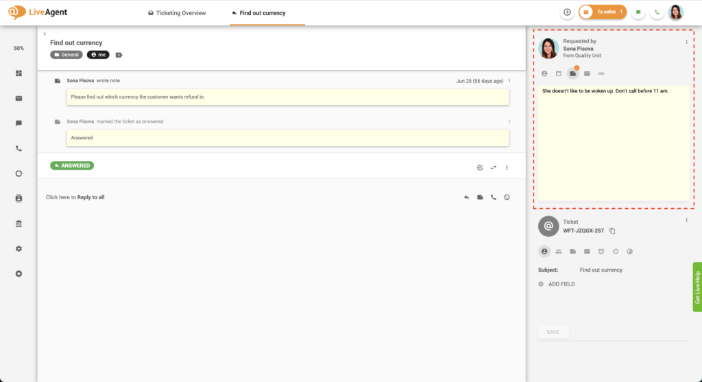 Note nei ticket - LiveAgent