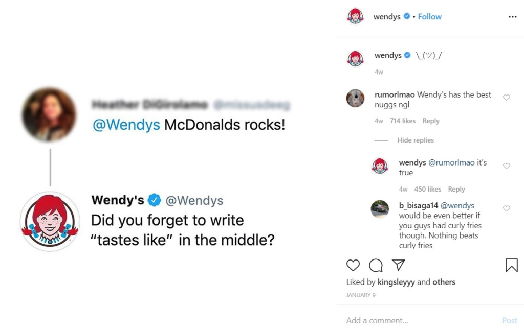 Forte presenza su Instagram di Wendy's